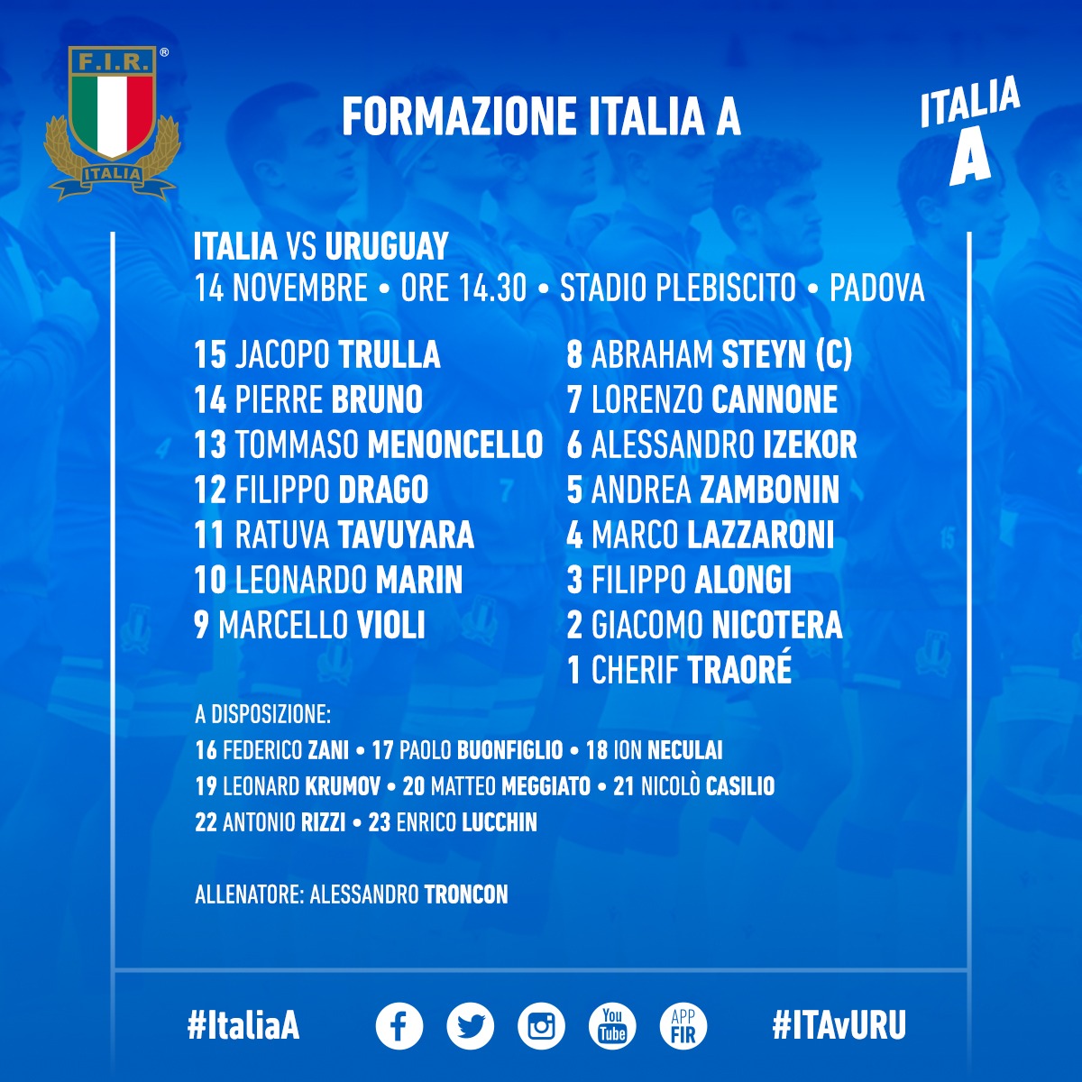 Fatta l’Italia A per la sfida all’Uruguay
